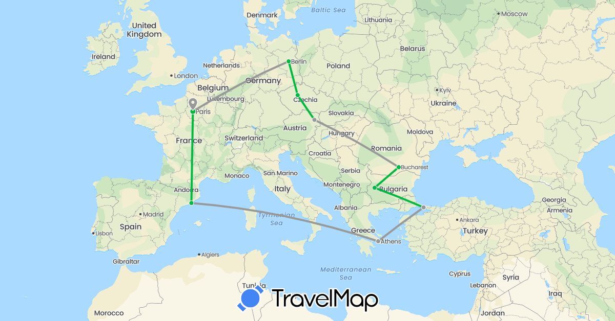 TravelMap itinerary: driving, bus, plane in Austria, Bulgaria, Czech Republic, Germany, Spain, France, Greece, Romania, Turkey (Asia, Europe)